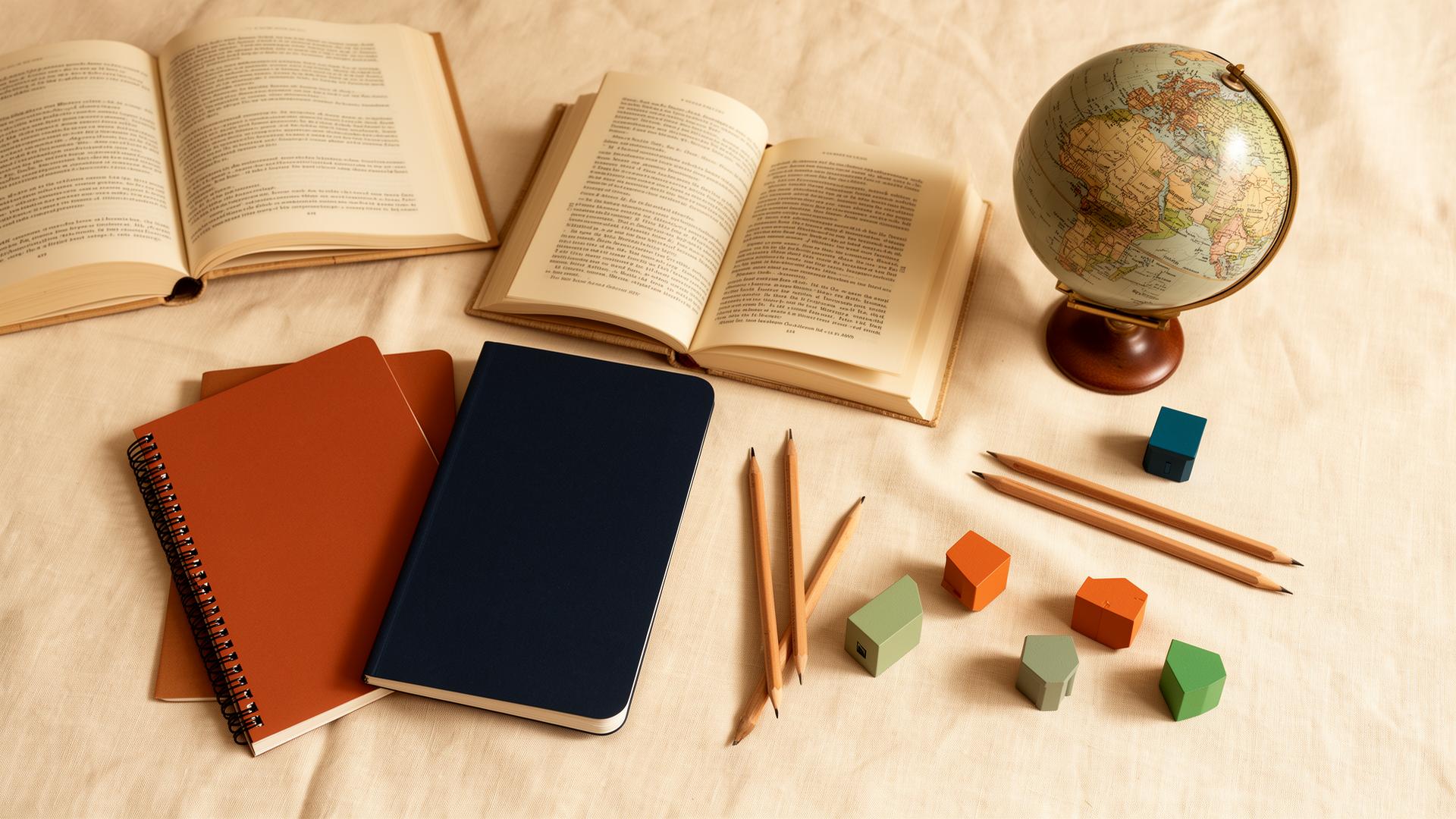 Open books, notebooks, pencils and a globe on a cream linen background